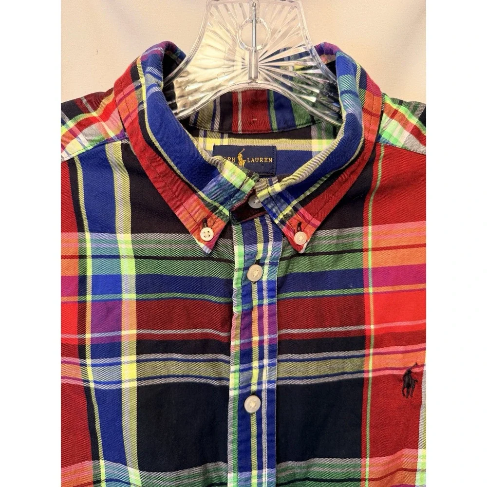 Ralph Lauren Button Down Shirt Youth Large 14-16 Red Black Blue Plaid *Read